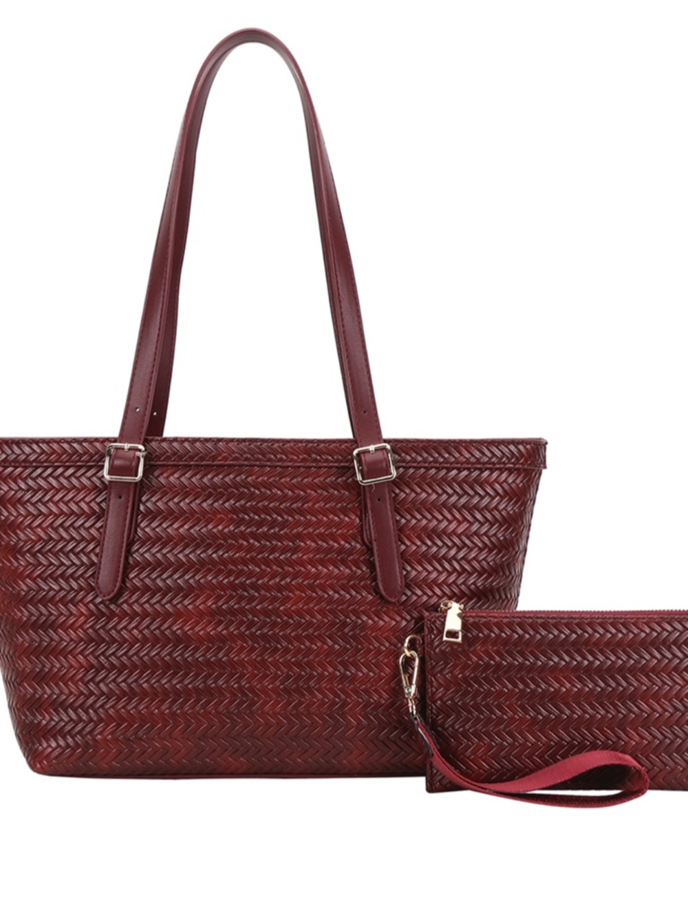 2 in 1 Woven Faux Leather Tote Bag with Wristlet - Burgundy